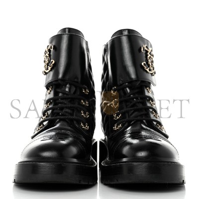 CHANEL SHINY CALFSKIN QUILTED LACE UP COMBAT BOOTS 